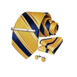 Men's Silk Tie + Pocket Square + Cufflinks + Tie Clip 4 Piece Set